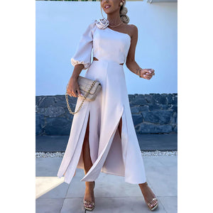 Spring Summer Cross-Shoulder Split Double Layer Dress Casual Party Satin Dress