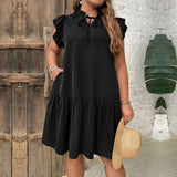 Plus Size Spring Summer Women Clothes Loose Casual Lotus Leaf Collar Lace Up Vacation Dress