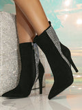 Autumn Winter Sexy All Matching Black Velvet Slimming Short Pointed High Heel Shoes Rhinestone Stiletto Heel Women Boots