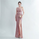 Heavy Industry Ostrich Hair Craft Beading Hair Oblique Shoulder Side Slit High End Evening Dress