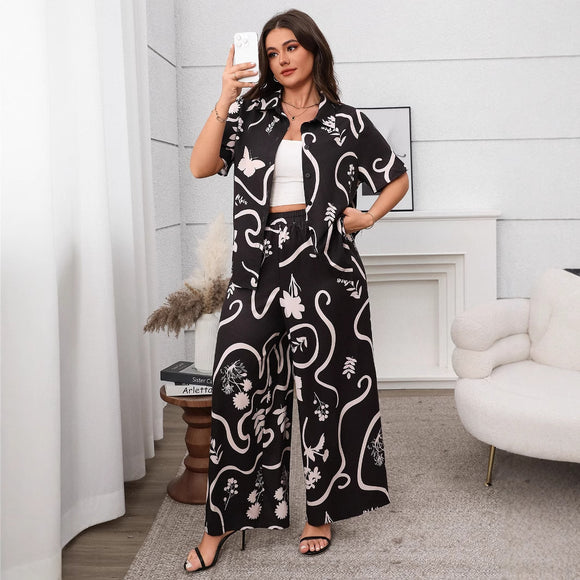Plus Size Women Clothing Ladies Printed Loose Short Sleeved Cardigan Wide Leg Pants Set