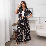 Plus Size Women Clothing Ladies Printed Loose Short Sleeved Cardigan Wide Leg Pants Set