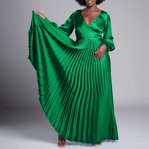 Women Clothing V neck Long Sleeve Pleated Dress plus Size Dress