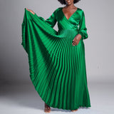 Women Clothing V neck Long Sleeve Pleated Dress plus Size Dress