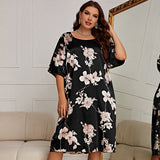 Plus Size Pajamas Women Mid Length Dress with Prints Summer Pajamas Silk Ice Silk Nightdress