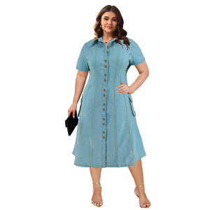 Plus Size Women Clothing Denim Collared Short Sleeve Button Bag Dress