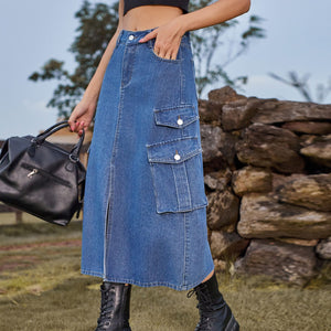 Women Clothing Sexy Elastic Waist Denim Cargo Pants Casual Midi Dress Skirt