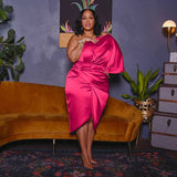 Plus Size Women Nightclub Pleated Zipper Asymmetric Single Side Sleeve Light Dress