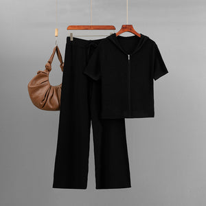 Knitted Solid Color Loose Zip Hooded Short Sleeve Top Casual Wide Leg Pants Two Piece Sets