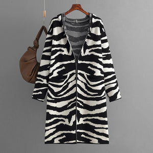 Knitted Coat for Women Autumn Winter V neck Hooded Long Sleeve Zebra Pattern Long Sweater Cardigan