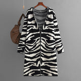 Knitted Coat for Women Autumn Winter V neck Hooded Long Sleeve Zebra Pattern Long Sweater Cardigan