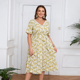 Plus Size V neck Lace Floral Dress Printed Summer Mid with Pockets