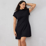 Plus Size Women Simple Elegant Short Sleeve Knitted Long Short Sleeve Dress Slimming Cinched Swing Dress