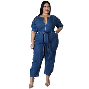 Plus Size Women Clothing Summer Short Sleeve Zipper Denim Jumpsuit