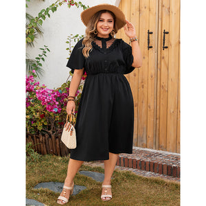 Plus Size Solid Color Dress V neck Lace Hollow Out Cutout out Elegant Elegant Black Dress Women