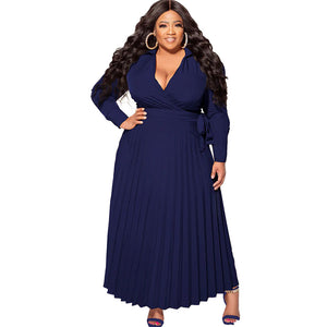 Plus Size Women Clothing V neck Lace up Long Sleeve Pleated Decoration Body Dress