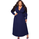Plus Size Women Clothing V neck Lace up Long Sleeve Pleated Decoration Body Dress