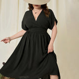 Plus Size Women Clothing V Neck Slim Fit Short Sleeved Dress Vacation High Waist A Line Seaside Beach Women