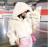 Autumn Winter Street Short High Waist Texture Furry Hooded Coat Women Top Plus Size