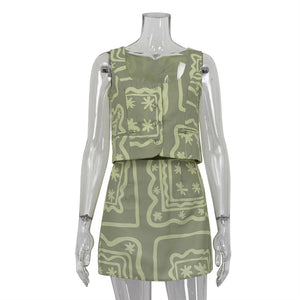 Vest Jacket Printing Suit Women Summer Two Piece Short Skirt Simple Casual Women Clothing