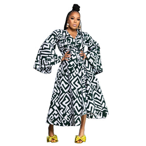 Plus Size African Women Wear Autumn Strap Asymmetric Wide Hem Long Sleeve Dress