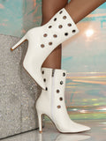 Spring Summer White Head Cowhide Western Hollow Out Cutout Elevator Ankle Boots Pointed Toe Super High Heel Niche Mid Calf Women Shoes