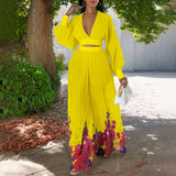 Women Clothing Autumn Elegant Chiffon V Neck Pleated Top Printed Wide Leg Pants Suit