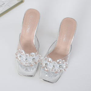 Summer Transparent Ankle Strap Sexy Open Toe Stiletto Heel Slippers Rhinestone Outdoor Cocktail Wine Glass Heel