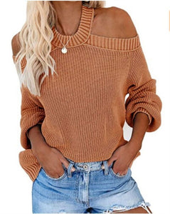 Autumn Winter Office plus Size Sexy off-the-Shoulder Solid Color Loose Knitted Sweater for Women