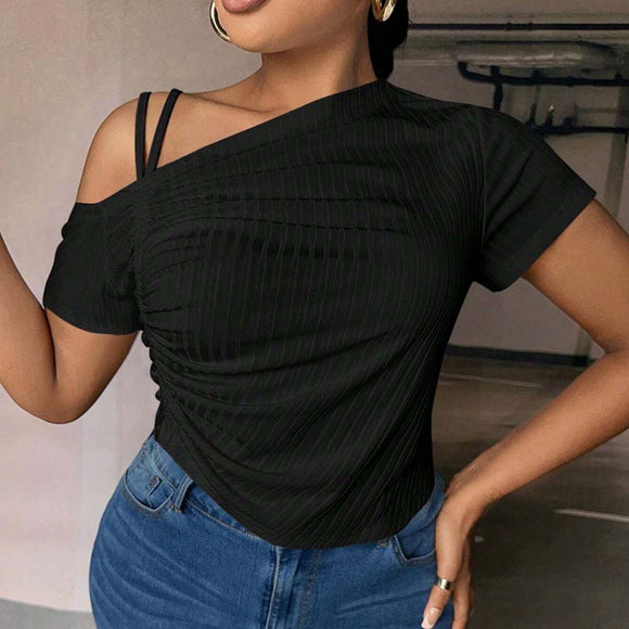 Plus Size Women Clothing Summer Slim off Shoulder Diagonal Collar Solid Color T shirt Top