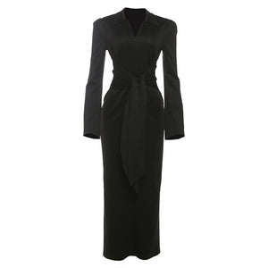 Fall Women Clothing Solid Color Collared Waist Tight Slim Fit Lace up Long Sleeve Zipper Dress