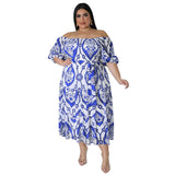 Plus Size Women Clothing Summer Print Short Sleeve Lace Up Folding High Waist Dress