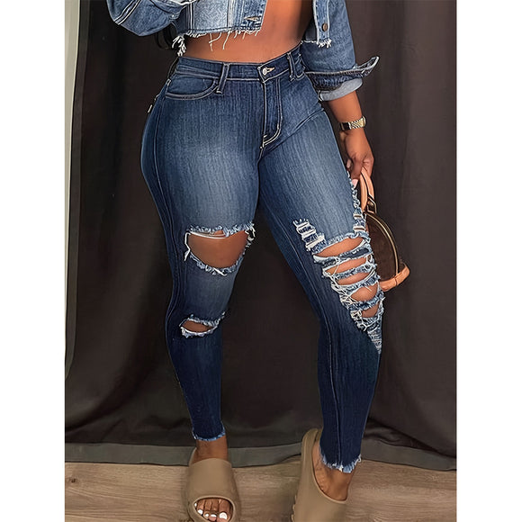 Women Clothing Holes Stretch Jeans Trousers