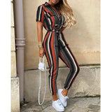 Women Clothing Trousers Casual Collared Button Printed Belt Cargo Overalls Plus size