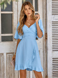 Women Clothing V neck Solid Color Waist Tight Ruffled Summer Dress Women