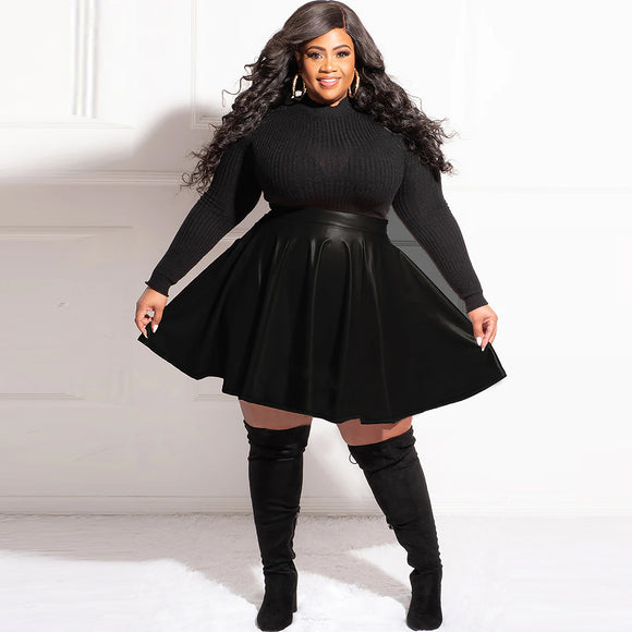 Plus Size Faux Leather Skirt High Waist Slimming A line Puff Short Skirt Pleated Leather Skirt