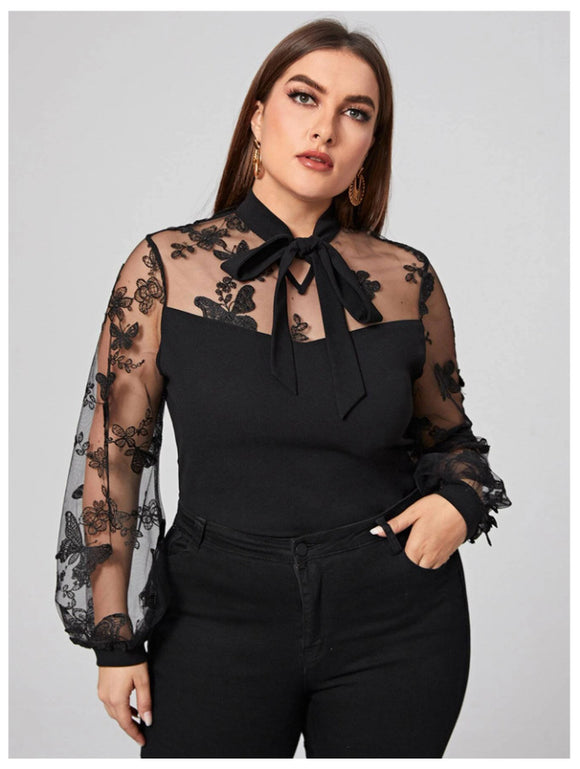 Plus Size Autumn Winter Women Clothes Solid Color Mesh Stitching Long Sleeves Lace-up Shirt