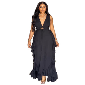 Sexy Cold Shoulder Elegant Ruffled High Waist Crop Top Spaghetti Strap European plus Size Dress