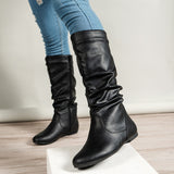 Pleated Faux Leather Surface Women Boots Side Ramen Casual Round Toe Flat Bottom Women Ankle Boots Solid Color Women Boots