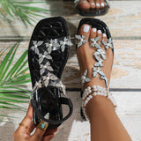 Elastic Rhinestone Flat Sandals Women Pansy I Shaped Beach Slippers Sandals