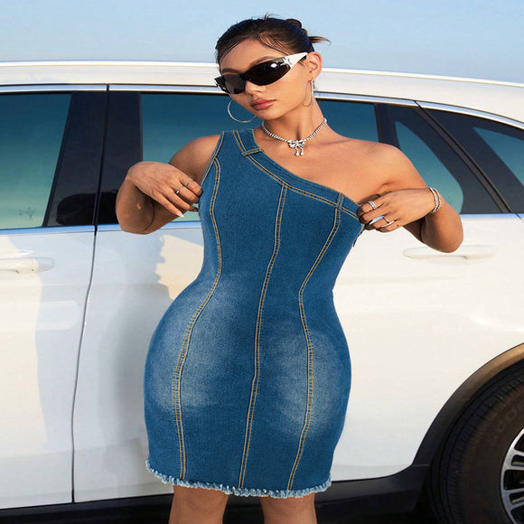 Plus Size Women Clothing Denim Collarless Sleeveless Shoulder Dress