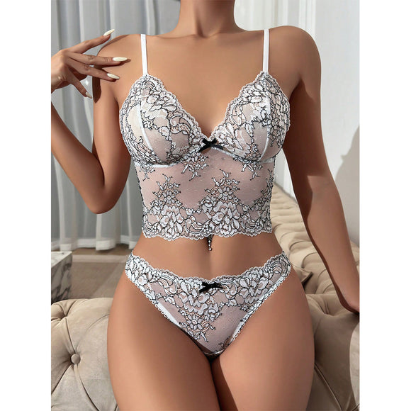 Sexy Underwear Suit Lace Mesh See through Embroidered Bra T Back Two Piece Set