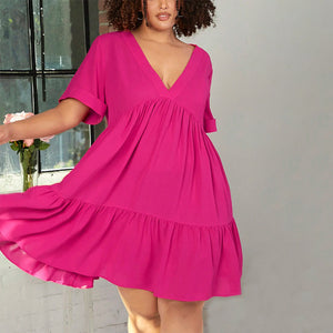 Plus Size Spring Rose Red Short Sleeve Ruffled Elegant Deep V Plunge Neck Slim Dress