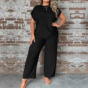 Plus Size Women Clothes Round Neck Loose Casual Short Sleeved T Shirt Stretch Wide Leg Pants Two Piece Set
