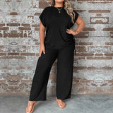 Plus Size Women Clothes Round Neck Loose Casual Short Sleeved T Shirt Stretch Wide Leg Pants Two Piece Set