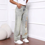 Women Clothing Holes Straight Loose Wide Leg Denim Long