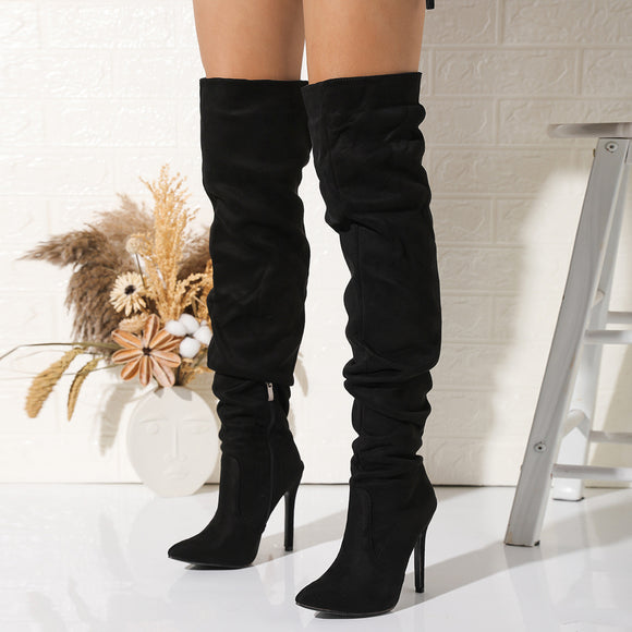 Heels Boots High Leg Boot Women Boots Middle Heel Fine Heel Pointed Toe Suede Retro Folding Tube Surface High Leg Boot