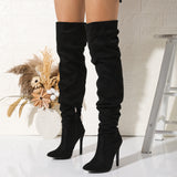 Heels Boots High Leg Boot Women Boots Middle Heel Fine Heel Pointed Toe Suede Retro Folding Tube Surface High Leg Boot