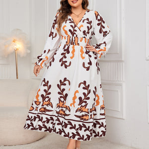 Plus Size Dress Printed Long Sleeve V neck Maxi Dress
