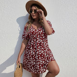 Plus Size Summer Women Clothing Waist Controlled Large Hem A line Dress Vacation Printed Dress